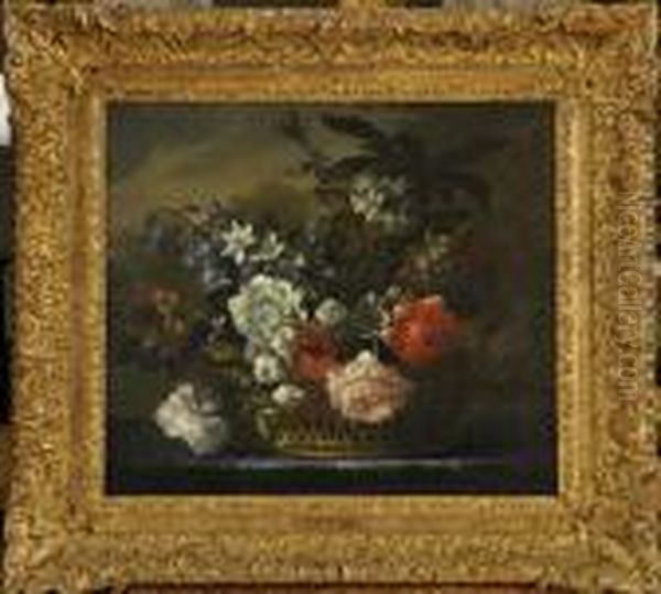 Still Life Of Mixed Flowers In A Basket Oil Painting by Jean-Baptiste Monnoyer