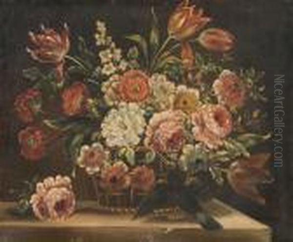 Bouquets De Fleurs Sur Des Entablements Oil Painting by Jean-Baptiste Monnoyer