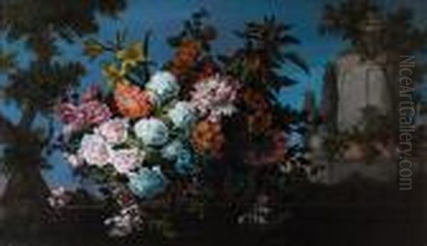 Chrysanthemums, Lilies, 
Honeysuckle And Otherflowers In A Wicker Basket, On A Stone Ledge Before
 A Park Landscape Oil Painting by Jean-Baptiste Monnoyer