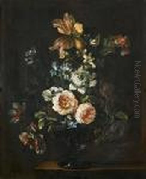 Roses, Tulips, Chrysanthemums And Other Flowers In A Glass Vase On A Stone Ledge Oil Painting by Jean-Baptiste Monnoyer