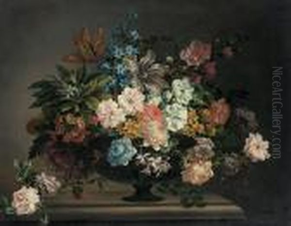 Tulips, Roses, Carnations And 
Other Flowers In An Urn On A Stone Ledge With A Sprig Of Roses Oil Painting by Jean-Baptiste Monnoyer