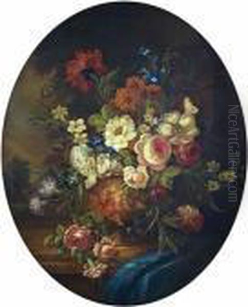 Stillleben Mit Blumen In Einer Vase Vor Einem Landschaftshintergrund Oil Painting by Jean-Baptiste Monnoyer