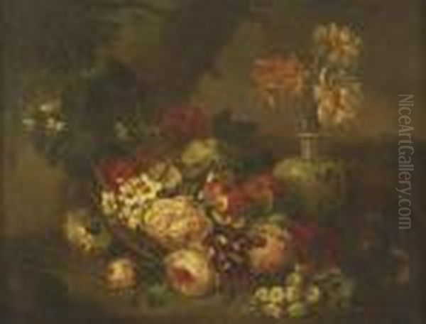 Garden Roses In A Blue Vase By A Basket Of Picked Blooms Oil Painting by Jean-Baptiste Monnoyer