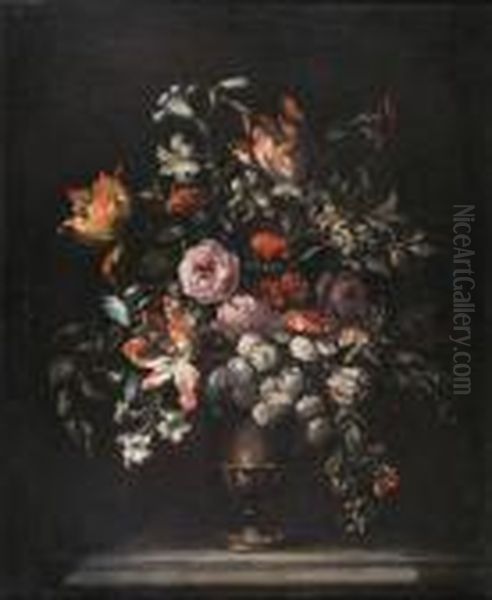 Still Lives Of Flowers In Silver Urns Oil Painting by Jean-Baptiste Monnoyer