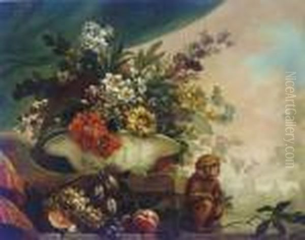 Flowers In A Porcelain Bowl, A Melon, Grapes And Other Fruit On A Ledge, With A Monkey Oil Painting by Jean-Baptiste Monnoyer