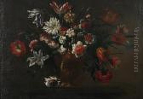 Tulips, Morning Glory, Carnations And Other Flowers On A Ledge Oil Painting by Jean-Baptiste Monnoyer