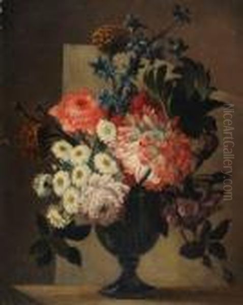 Vase De Fleurs Sur Un Entablement Oil Painting by Jean-Baptiste Monnoyer