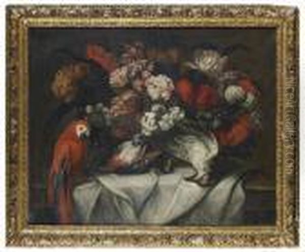 Nature Morte Au Bouquet De Fleurs, Oiseaux Et Perroquet Oil Painting by Jean-Baptiste Monnoyer