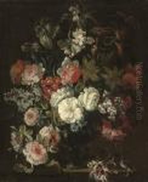 Roses, Chrysanthemums, An Iris, Dianthus And Other Flowers In Anurn On A Stone Ledge Oil Painting by Jean-Baptiste Monnoyer