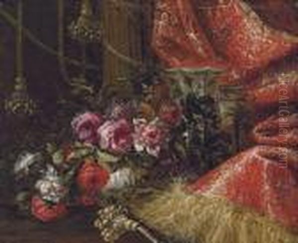 Roses In A China Bowl With Other
 China Vessels On A Table, Drapedwith A Red Curtain With Gold Embroidery
 And Tassels Oil Painting by Jean-Baptiste Monnoyer