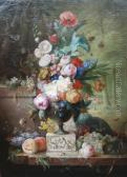 Still Life Of A Bouquet Of Flowers Inan Urn On A Ledge With Woodland Beyond Oil Painting by Jean-Baptiste Monnoyer