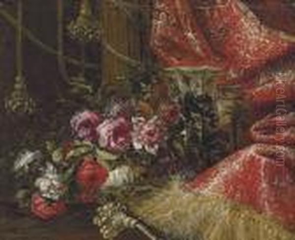 Roses In A China Bowl With Other
 China Vessels On A Table, Drapedwith A Tasseled And Gold-embroidered 
Red Curtain Oil Painting by Jean-Baptiste Monnoyer