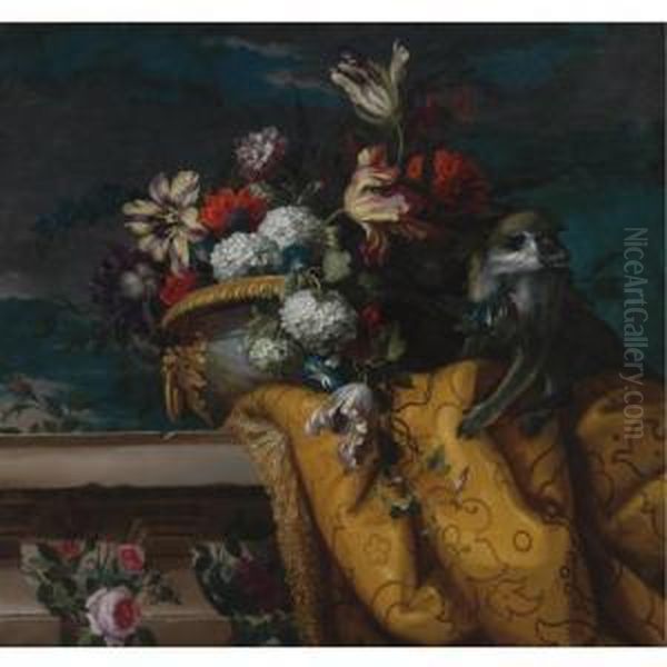 Still Life Of Tulips, Hydrangea And Other Flowers In A Gilt Urn And A Monkey Oil Painting by Jean-Baptiste Monnoyer