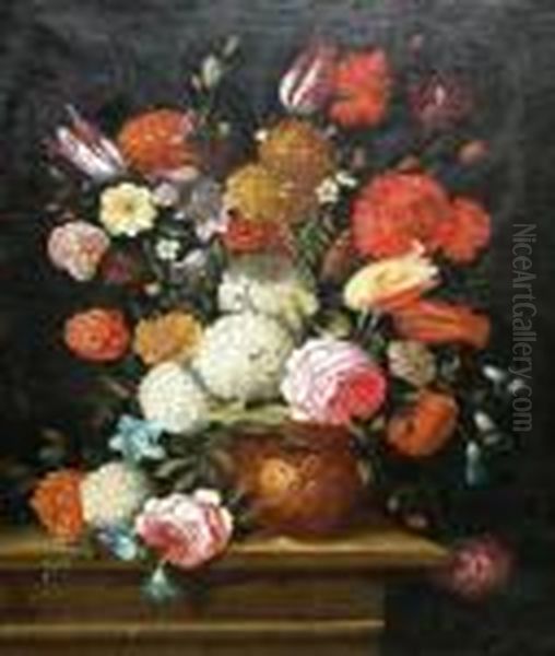 Still Life Of Flowers In A Vase On A Ledge Oil Painting by Jean-Baptiste Monnoyer