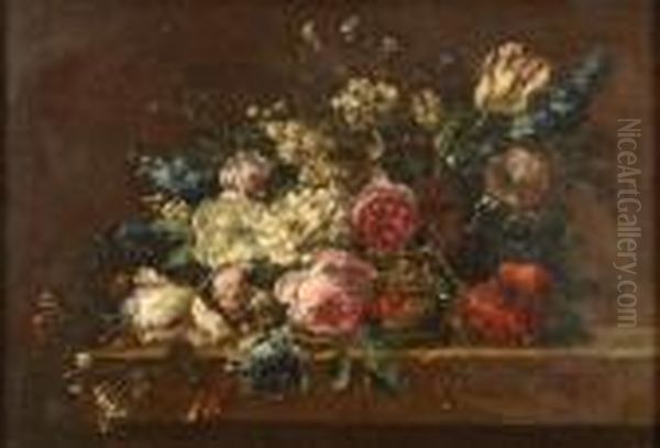 Manner Of Jean-baptiste Monnoyer, A Still Life With Flowers In A Basket On A Stone Ledge Oil Painting by Jean-Baptiste Monnoyer