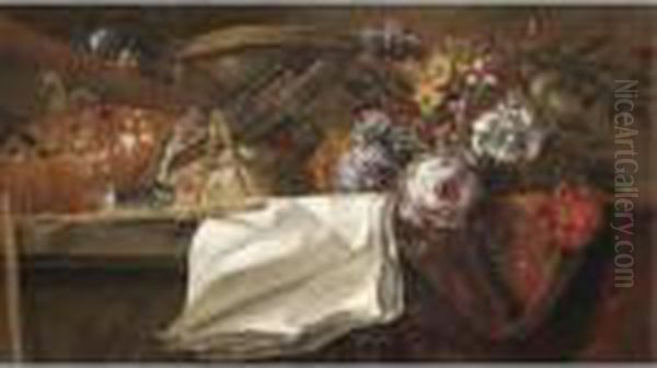 Still Life With Artist's 
Materials, Including A Used Palette And A Series Of Brushes, Together 
With A Small Basket Of Flowers On A Table Top Oil Painting by Jean-Baptiste Monnoyer