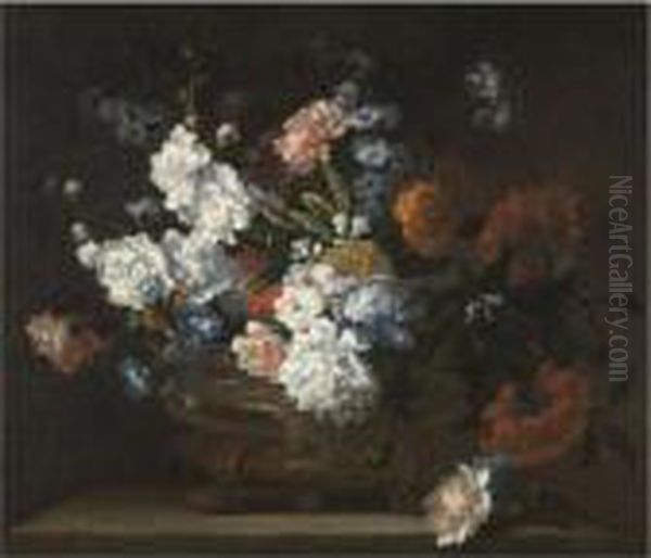 A Still Life Of Flowers 
Including Peonies, Carnations, Poppies And Auriculae In A Bronze Urn On A
 Stone Ledge Oil Painting by Jean-Baptiste Monnoyer