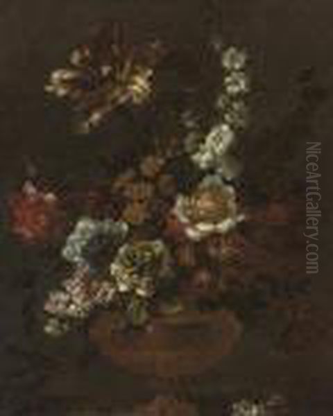 A Parrot Tulip, Chrysanthemums, 
Stock, Primula, And Other Flowers In A Sculpted Urn On A Ledge Oil Painting by Jean-Baptiste Monnoyer