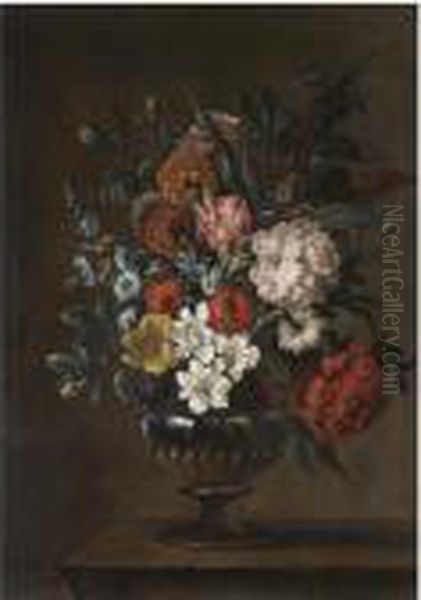 A Still Life With A Bouquet Of Flowers In A Glass Vase On A Stone Ledge Oil Painting by Jean-Baptiste Monnoyer