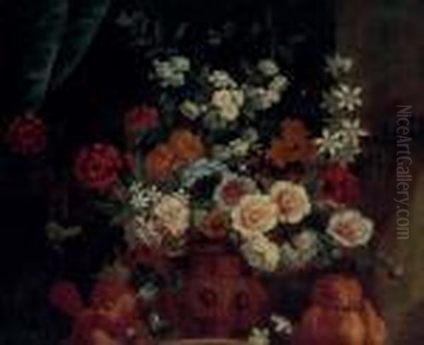 Peonies And Roses In A Vase With Two Stone Putti, On A Ledge Oil Painting by Jean-Baptiste Monnoyer