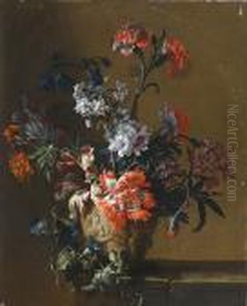 Chrysanthemums, Tulips, Morning 
Glory, Narcissi And Other Flowers In A Vase On A Stone Ledge Oil Painting by Jean-Baptiste Monnoyer