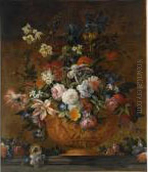 A Still Life With Roses, Tulips,
 Irisses, Poppy Anemones, Auricula, Hyacinths And Other Flowers, All In A
 Terracotta Sculpted Vase, On A Stone Ledge Oil Painting by Jean-Baptiste Monnoyer