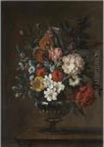 Still Life With A Bouquet Of Flowers In A Metalic Urn On A Stone Ledge Oil Painting by Jean-Baptiste Monnoyer