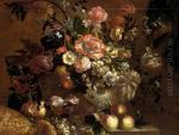 Carnations, Roses, A Tulip And 
Other Flowers In A Stone Sculpted Pot With Peaches On A Stone Ledge, By A
 Curtain Oil Painting by Jean-Baptiste Monnoyer