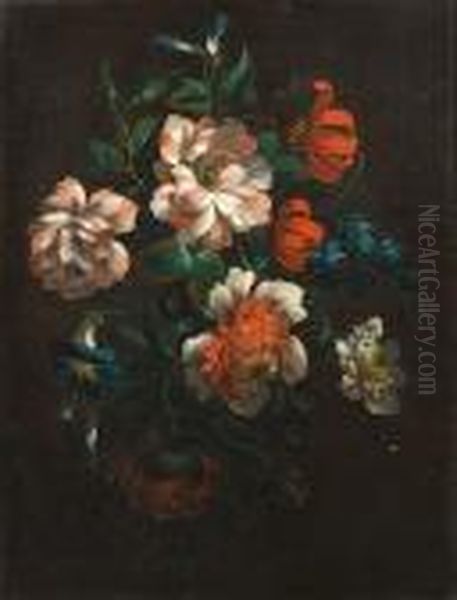 Chrysanthemums, Morning Glory, Lilies And Other Flowers In A Swag Oil Painting by Jean-Baptiste Monnoyer