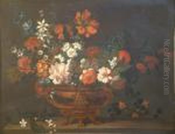 French Oil On Canvas Still Life Of Flowers In A Brass Urn, On A Ledge 30 X 39in Oil Painting by Jean-Baptiste Monnoyer