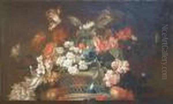 French Oil On Canvas Still Life 
Of Flowers In A Basket Painted As A Sur Portiere 22 X 36.5in Oil Painting by Jean-Baptiste Monnoyer