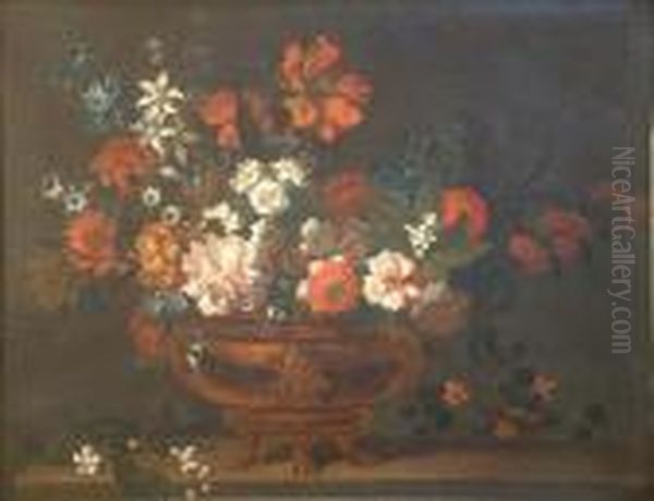 Still Life Of Flowers In A Brass Urn, On A Ledge Oil Painting by Jean-Baptiste Monnoyer