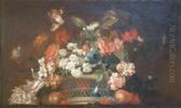 Still Life Of Flowers In A Basket Painted As A Sur Portiere Oil Painting by Jean-Baptiste Monnoyer