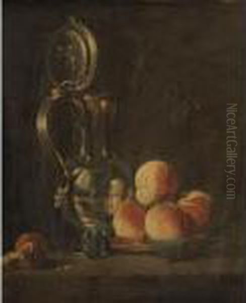 Still Life Of Fruits And A Silver Pitcher Oil Painting by Jean-Baptiste Monnoyer