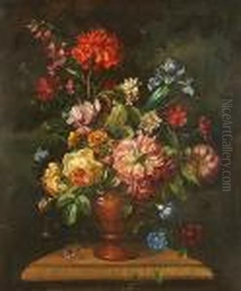 Still Life Of Flowers In A Vase Resting On A Ledge. Oil Painting by Jean-Baptiste Monnoyer