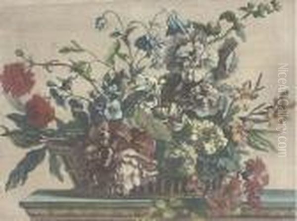 Flowers In A Wicker Basket Oil Painting by Jean-Baptiste Monnoyer