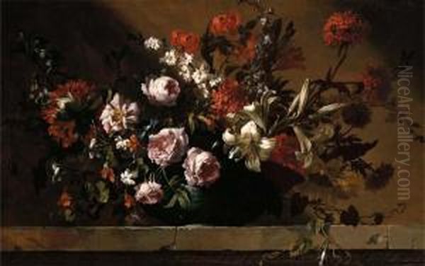 Roses, Tulips, Lilies And Other Flowers In A Ceramic Dish On A Stone Ledge Oil Painting by Jean-Baptiste Monnoyer