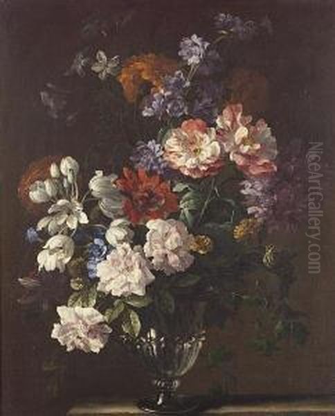 Carnations, Peonies, China Aster, A Marigold And Other Flowers In A Glass Vase On Ledge Oil Painting by Jean-Baptiste Monnoyer