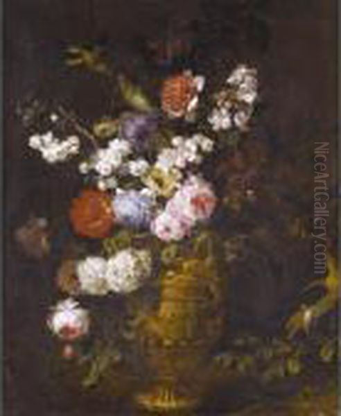 A Still Life Of Roses, 
Carnations, Hydrangeas And Other Flowers In A Classical Urn, With Birds Oil Painting by Jean-Baptiste Monnoyer