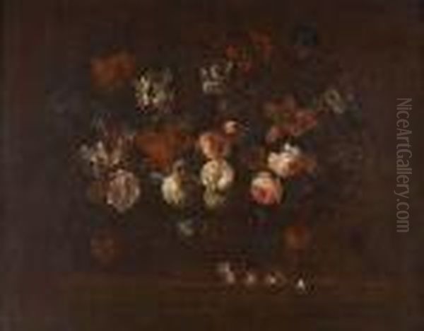 A Still Life Of Assorted Flowers In A Basket On A Ledge Oil Painting by Jean-Baptiste Monnoyer