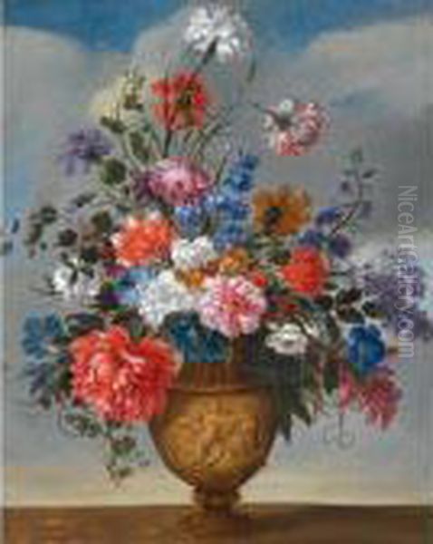 Still Life Of Various Flowers In A Bronze Vase Oil Painting by Jean-Baptiste Monnoyer