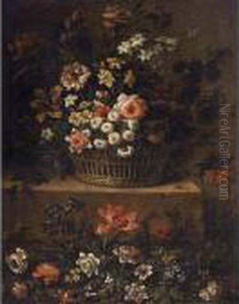 Roses, Daffodils, Tulips And 
Other Flowers In A Basket On A Stone Ledge, Together With Tulips, 
Anemones, Hyacinths And Other Flowers Below Oil Painting by Jean-Baptiste Monnoyer