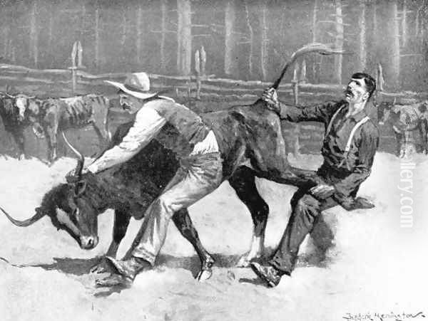 Cowboys wrestling a bull Oil Painting by Frederic Remington