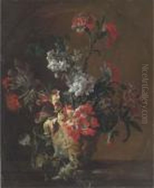 Carnations, Parrot Tulips, Narcissi And Other Flowers In A Sculptedurn On A Ledge Oil Painting by Jean-Baptiste Monnoyer