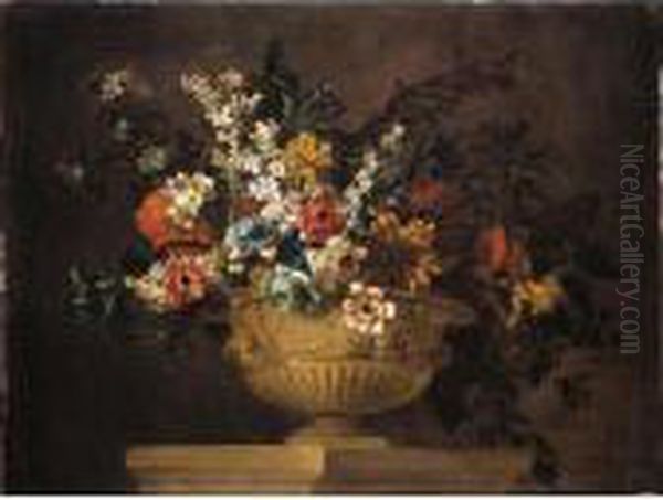 Still Life Of Various Flowers In An Urn Resting On A Ledge Oil Painting by Jean-Baptiste Monnoyer