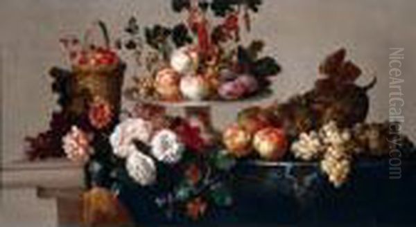 A Still Life Of Peaches, Plums, 
Currants And Hazelnuts On A Silver Platter, Strawberries In A Basket, 
Together With Grapes, Apples, A Melon, Peonies And Zinneas On A Stone 
Table Draped With A Cloth Oil Painting by Jean-Baptiste Monnoyer