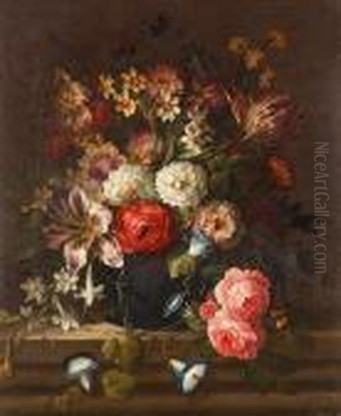 Tulips, Narcissi, Roses, 
Chrysanthemum, Morning Glory And Other Flowers In A Vase On A Stone 
Ledge Oil Painting by Jean-Baptiste Monnoyer