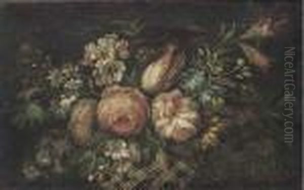 Roses, Tulips, Morning Glory And Other Flowers In A Basket Oil Painting by Jean-Baptiste Monnoyer