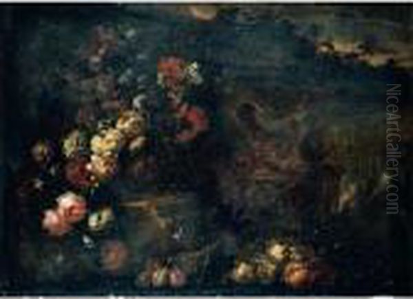 Still Life Of Flowers In A 
Sculpted Vase, Together With A Large Gilt Ewer, Carved Stone Reliefs And
 Fruit, Set Within A Landscape Oil Painting by Jean-Baptiste Monnoyer