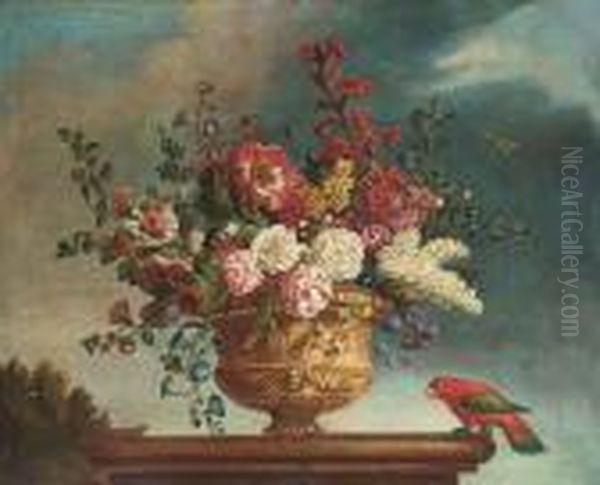 Summer Flowers In A Vase On A 
Plinth, With A Parrot And Butterflyto The Side; And Another Similar Oil Painting by Jean-Baptiste Monnoyer